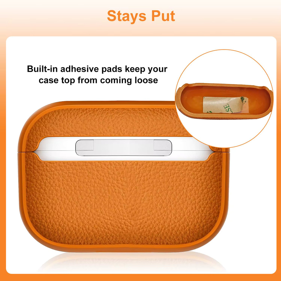Stoßfeste Lederstruktur-Schutzhülle für Apple AirPods Pro 3 und Pro 2 mit Schlüsselanhänger und sichtbarer LED in Weiß und Orange - Bild 3