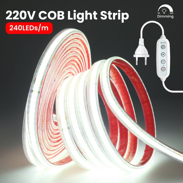 HEGEHE COB LED-Streifenlicht mit Timer und Dimmfunktion, AC 220V wasserdichtes flexibles LED-Band für die Raumbeleuchtung, Weiß - Bild 1