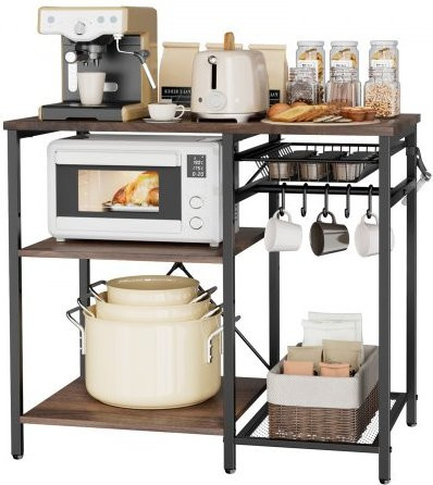 VEVOR Küchenregal aus Metall und MDF mit X-förmiger Stützstange und 5 S-Haken, Mehrstufiges Bäckerregal für Geschirr und Gewürze, B/T/H: 90 x 40 x 90 cm, Schwarz/Braun - Bild 1