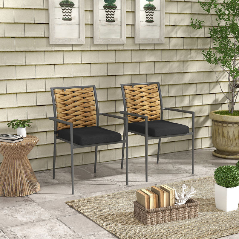Outsunny 2er-Set Rattan Gartenstühle mit Kissen in Schwarz, stapelbare Gartensessel aus Stahl und PE-Rattan, B/T/H: 57 x 58 x 87 cm - Bild 2