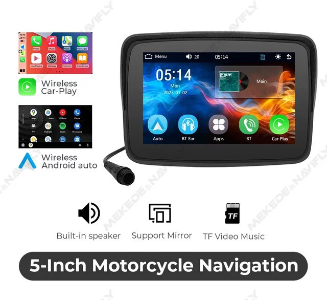STRONGNAVI Motorrad GPS Navigation 5 Zoll mit Sonnenschirm, IPX7 Wasserdicht, Drahtloses CarPlay und Android Auto, Bluetooth und WiFi, Schwarz - Bild 1