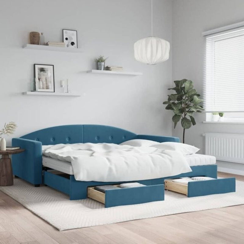 Ausziehbares Funktionsbett Vidaxl in Blau mit Schubladen aus Samt und Metall, B/T: 100 x 200 cm - Bild 1
