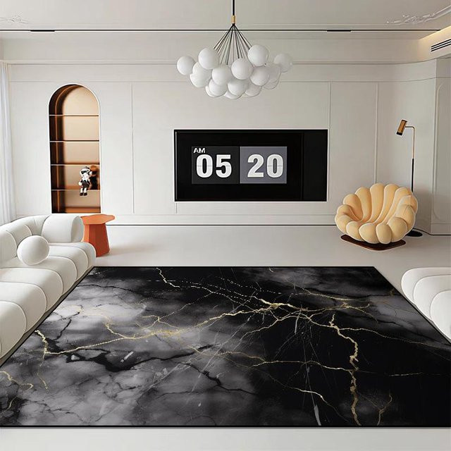 HGHT Luxus-Teppich Schwarz, Modernes Streifenmuster, Waschbar und Rutschfest, B/T: 90 x 60 cm - Bild 1