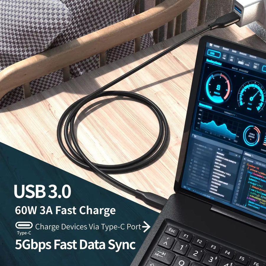 USB-C-Ladekabel mit 60 W und USB 3.0 für schnelle Datenübertragung, Schwarz - Bild 3