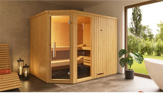 WEKA Ecksauna Varberg 4 aus Fichtenholz in Braun mit Glasfront, B/H/T: 244 x 199 x 194 cm - Bild 1