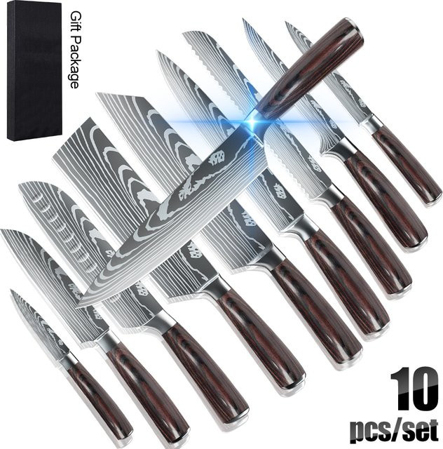 ZENG 10-teiliges Küchenmesserset mit Laser-Damastmuster inklusive Santoku-Messer, Hackmesser und Allzweck-Küchenmessern - Bild 1