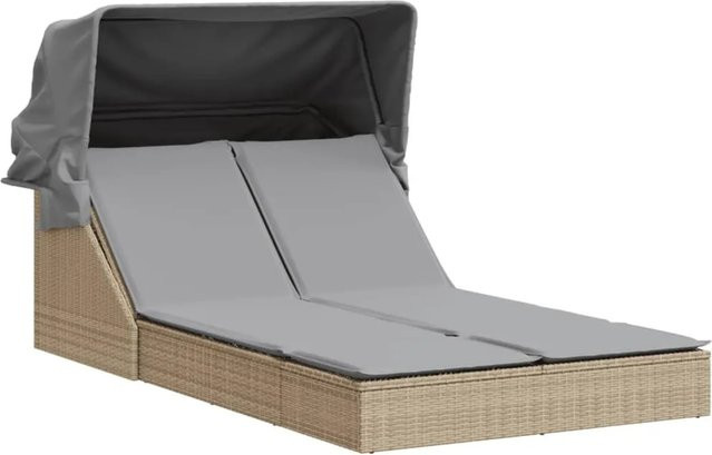 vidaXL Doppel-Sonnenliege aus Poly Rattan mit Sonnendach und Auflagen in Beige, B/T/H: 108 x 236 x 102/110 cm - Bild 1