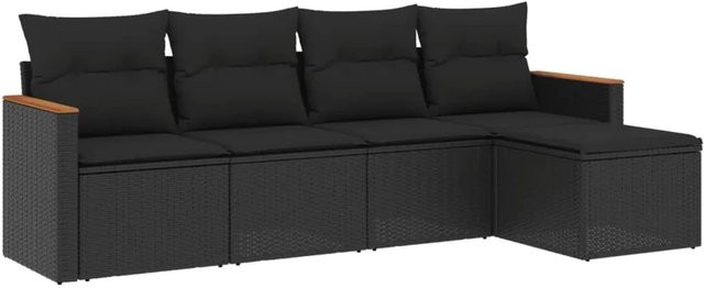 vidaXL 5-tlg. Garten-Sofagarnitur in L-Form aus Polyrattan und Akazienholz in Schwarz mit Sitzkissen und Stauraum - Bild 1