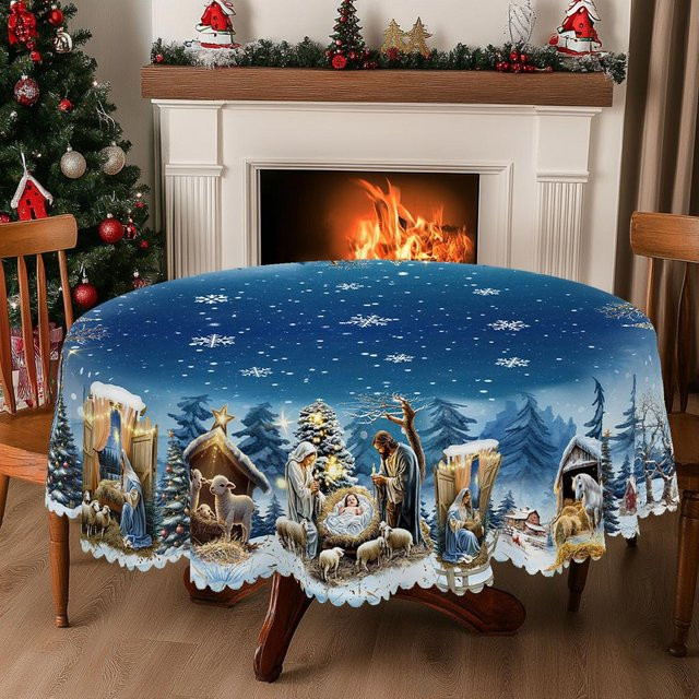 JINGYUE Pet Weihnachts-Tischdecke im Vintage-Bauernhaus-Stil mit Weihnachtsmann, Rentier und Weihnachtsbaum, Blau, B: 140 cm, T: 180 cm - Bild 1