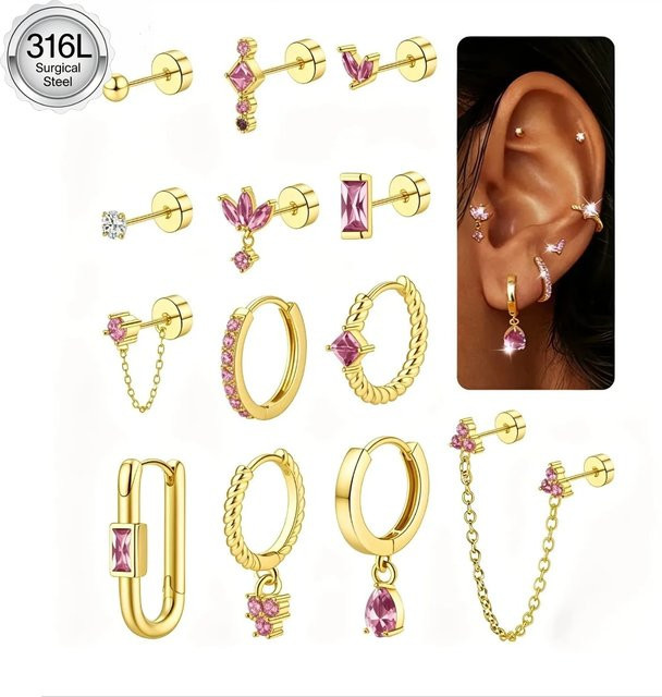 Drperfect Ohrstecker, Creolen, 14 Karat vergoldet, Messing, Damen, Zirkonia - Bild 1