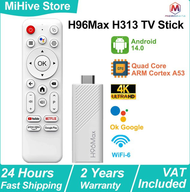 MicroData H96Max H313 TV-Stick 4K mit Android TV 14, Quad-Core ARM Cortex A53 und WiFi 6, Tragbarer Streaming-Media-Player in Weiß - Bild 1