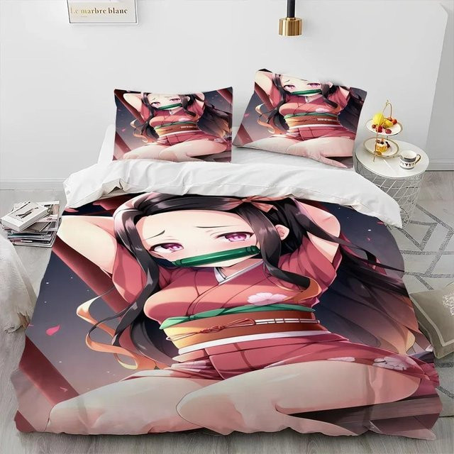 3-teiliges Demon Slayer Anime Bettwäsche-Set aus atmungsaktiver Baumwollmischung, Mehrfarbig, B/H: 228 x 228 cm - Bild 1