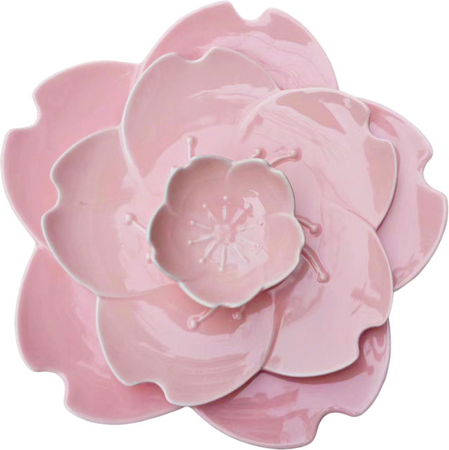 Giemza Keramik Teller Set mit floralem Blumenmuster in Rosa und Weiß, 3 Stück aus Steinzeug und Porzellan - Bild 1
