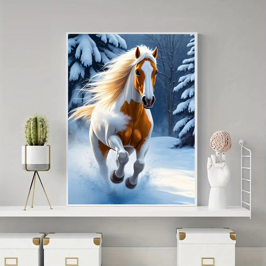 HUACAN Diamantmalerei Set Running Horse Winter Szene 5D DIY Kunst Mosaik mit runden Steinen in Multicolour, Breite: 30,0 cm, Höhe: 20,0 cm - Bild 4