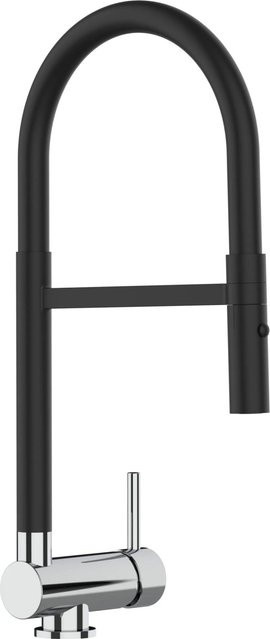 VIZIO Küchenarmatur für Vorfenster mit 360 Grad schwenkbarem Auslauf, umklappbar, inklusive abnehmbarer 2-Strahl Handbrause, Schwarz Matt und Verchromt - Bild 1