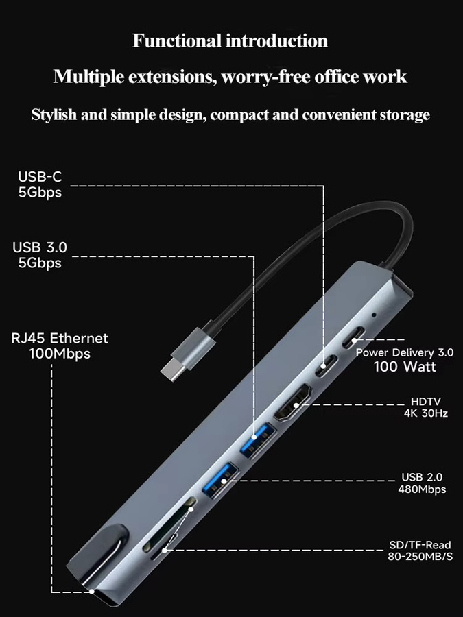 8-in-1 USB-C Hub Multi-Terminal-Adapter in Grau mit 4K HDMI, USB 3.0, USB 2.0 sowie SD/TF-Kartenleser für MacBook, Pro und iPad Pro - Bild 5