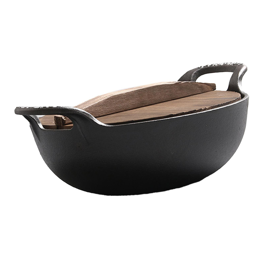 aimo Gusseisen Wok unbeschichtet in Schwarz mit Holzdeckel und Dual-Griff für Induktionskochfelder - Bild 1