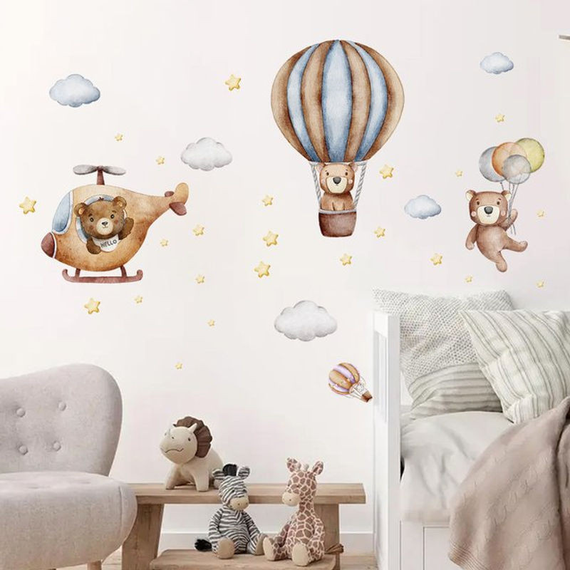 BRUP Wandtattoos für Kinder mit niedlichem Flugzeug, Ballon und Bär in mehrfarbigem Design zur Dekoration von - Bild 1