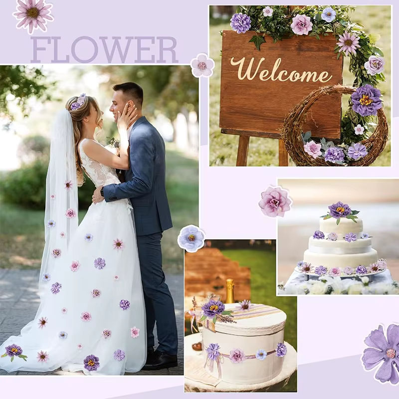 Mix aus 22 künstlichen Seidenblumen-Köpfen in Lila und Mehrfarbig für Hochzeitsdekoration, Braut-Haarschmuck und DIY-Geschenke - Bild 5