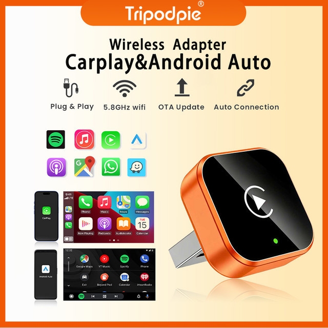 Tripodpie 2-in-1 Kabelloser CarPlay und Android Auto Adapter mit 5GHz WLAN, USB-C und USB-A, Orange - Bild 1