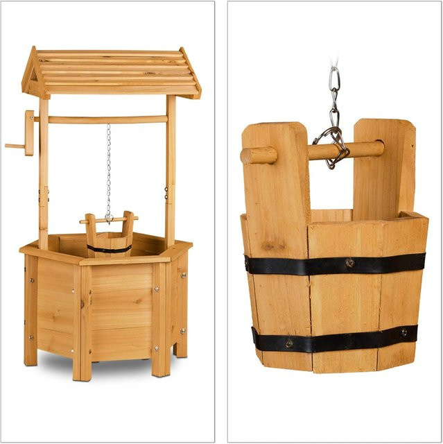 Relaxdays Dekobrunnen aus Holz in Braun, nostalgisch und sechseckig, Outdoor, H: 82 cm, B: 47 cm, T: 41 cm - Bild 1