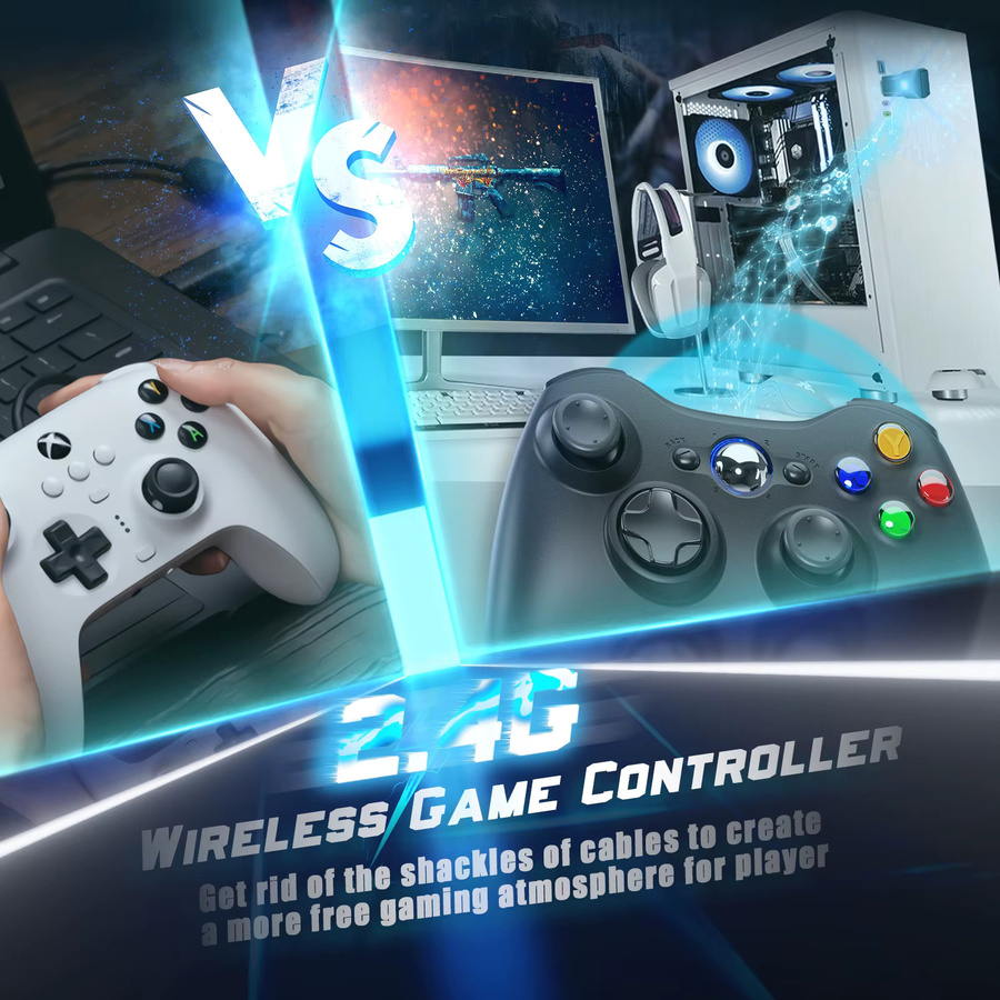 Bonacell Kabelloser 2,4G Controller für Xbox 360 und PC mit Dualer Vibration, Gamepad Joystick für Windows in Schwarz und Weiß - Bild 4