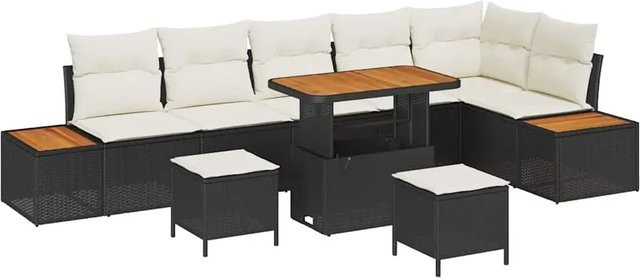 vidaXL 9-teiliges Garten-Sofa-Set mit Kissen in Schwarz und Creme aus Poly Rattan, Akazienholz und Stahl - Bild 1
