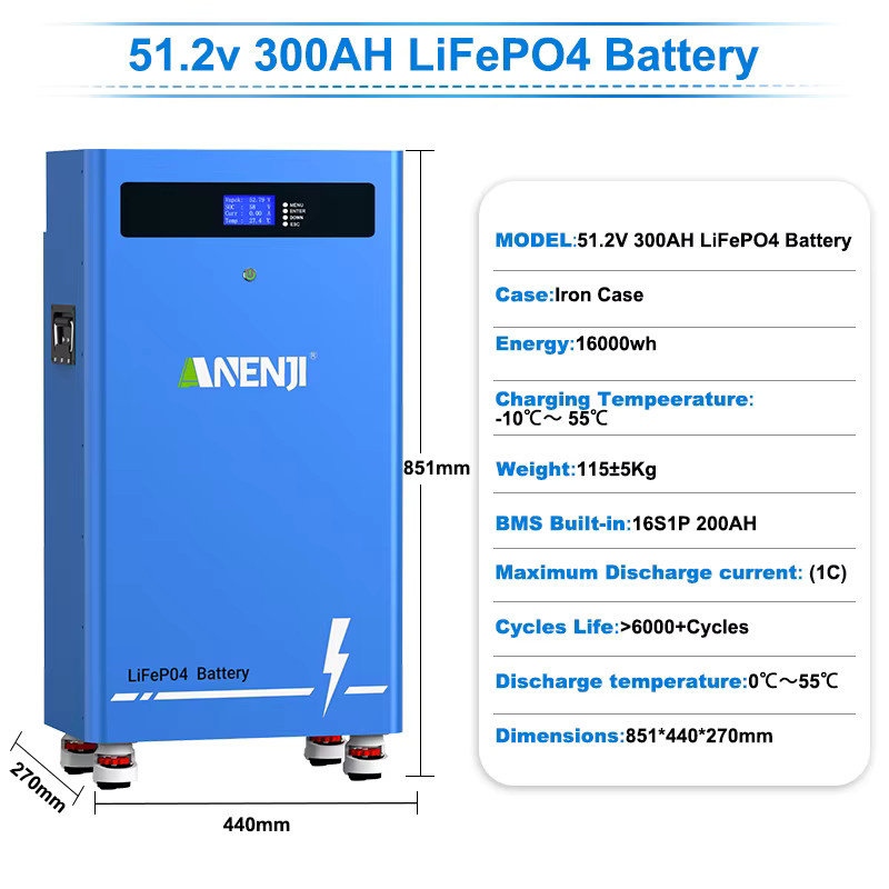 ANENJI Hybrid-Wechselrichter 11kW 48V mit 16kWh LiFePO4 Batteriepack 51.2V 300Ah und BMS Solar-Energiespeicher in Blau - Bild 2
