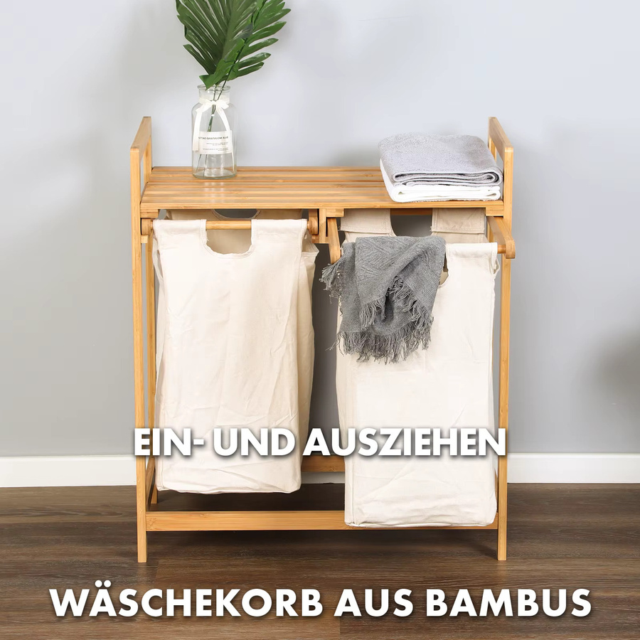 FLOORDIREKT Wäschekorb Dakota Wäschesammler aus Holz in Braun mit 2 Fächern und Deckel - Bild 2