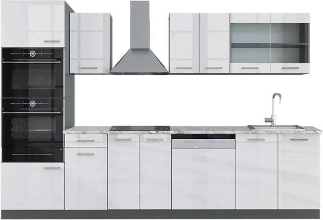 Vicco R-Line Küchenzeile in Weiß Hochglanz und Anthrazit mit Hochschrank und Marmor-Arbeitsplatte, Breite: 300 cm - Bild 1