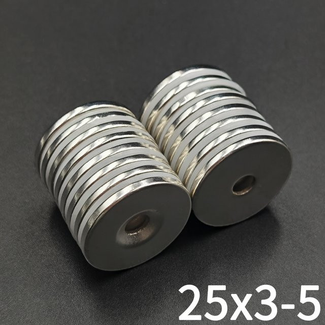 Starke Permanentmagnetscheiben in Silber mit Loch, Durchmesser: 25 mm, Höhe: 3 mm bis 5 mm - Bild 1