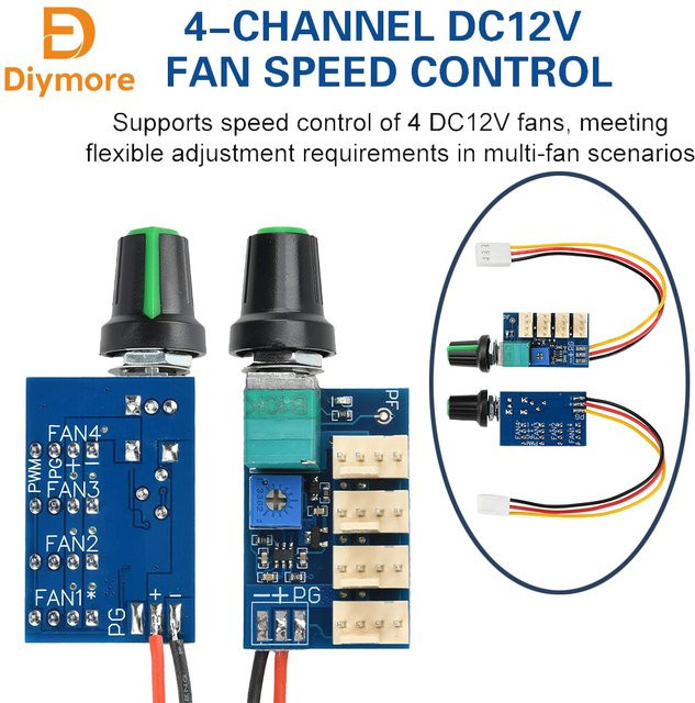 diymore 4-Kanal PWM Lüftergeschwindigkeitsregler mit Schalter und manueller Einstellung, 12V 3A, 5V 25kHz, Rot und Schwarz - Bild 1