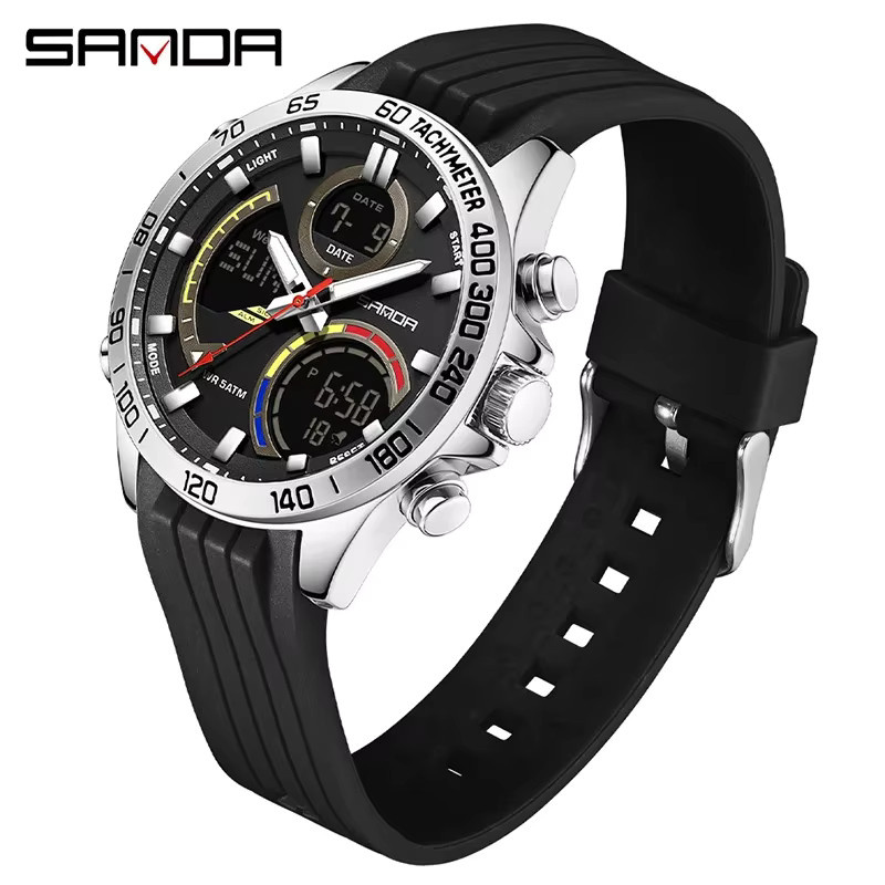 SANDA Armbanduhr, Analog-Digital, Quarz, Schwarz, Silber, Silikon, Herren - Bild 4