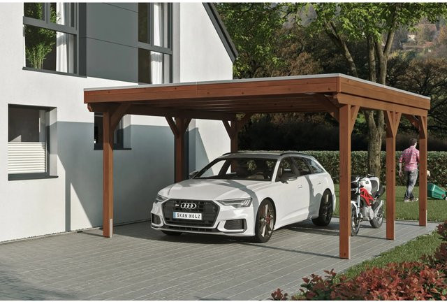 Skan Holz Carport Grunewald aus Fichten-Leimholz mit EPDM-Dach in Braun, B: 427 cm, T: 554 cm, H: 251 cm - Bild 1