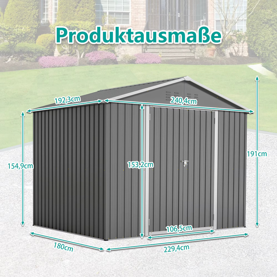 Anthrazitfarbener Metall-Werkzeugschuppen mit Scharniertür und Giebeldach, B/T/H: 240,4 x 191,0 x 180,0 cm - Bild 2