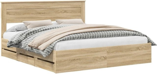 vidaXL Bettrahmen Sonoma-Eiche mit Schubladen aus Holz, Farbe Braun, B/T/H: 200 x 200 x 41,19 cm - Bild 1