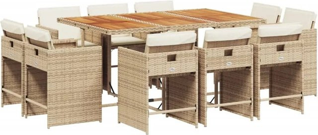 vidaXL 11-tlg Garten-Essgruppe aus PE-Rattan und Akazienholz mit Kissen in Beige, Braun und Cremeweiß - Bild 1