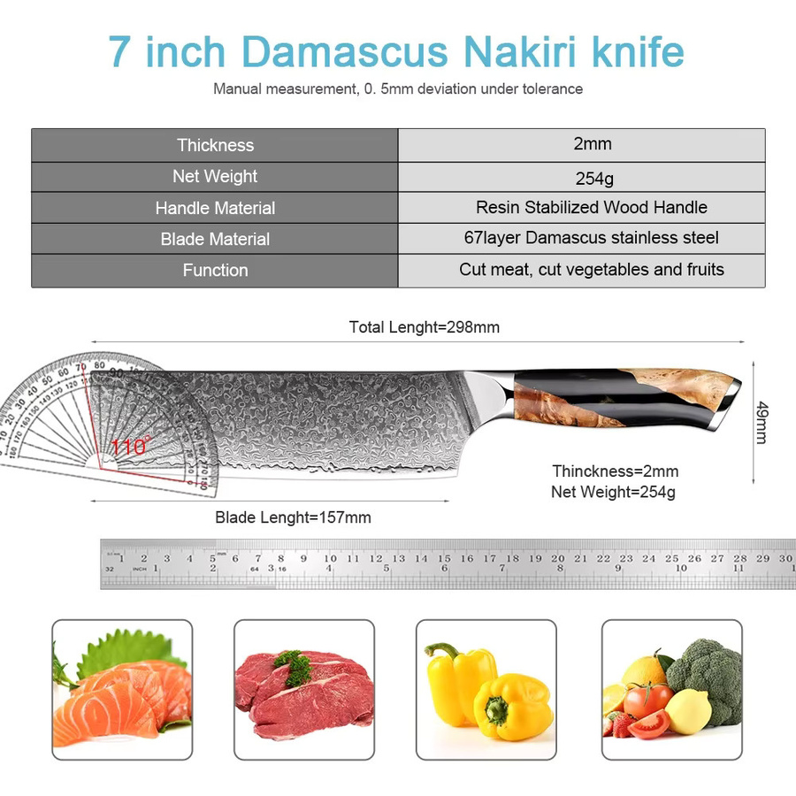 XITUO Japanisches Nakiri-Messer aus Damaszener Stahl mit schwarzem Griff aus stabilisiertem Harzholz, 17,78 cm - Bild 2