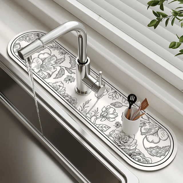 VIKAMA Kieselgur-Ablaufmatte für Wasserhähne in Weiß, saugfähige Spritzmatte für die Küchenarbeitsplatte, B/T/H: 38,0 x 10,0 x 6,35 cm - Bild 1