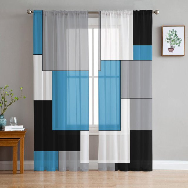 Yiran Furniture Transparente Tüll Voile Vorhänge mit abstraktem Patchwork-Design in Aqua Türkis Schwarz Grau, Breite: 135 cm, Höhe: 115 cm - Bild 1