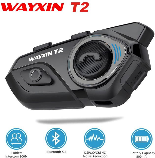 WAYXIN Helm Headset T2 Motorrad Bluetooth Intercom für 2 Fahrer, Bluetooth 5.1, wasserdicht, Schwarz - Bild 1