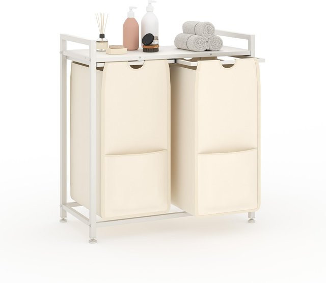 HiMISS Wäschesortierer mit 2 Fächern, freistehender Wäschekorb Organizer aus Metall und MDF in Weiß mit ausziehbaren Stoffbeuteln, 48L Beutelvolumen, B: 68,07 cm, T: 33,02 cm, H: 72,26 cm - Bild 1