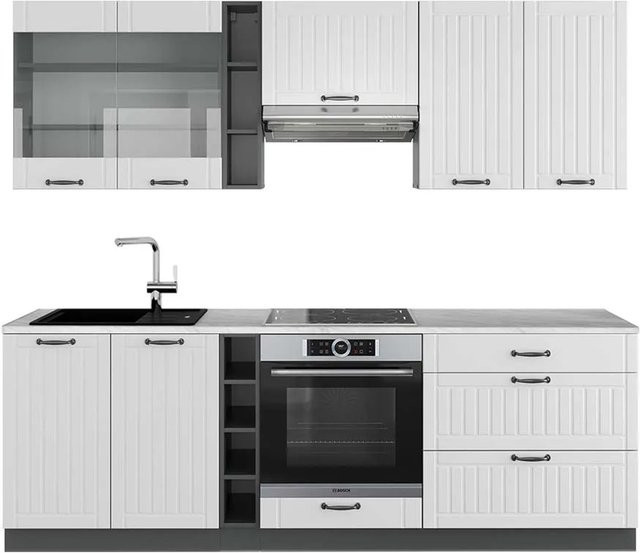 Vicco Fame-Line Küchenzeile im Landhausstil in Weiß und Anthrazit mit Marmor-Optik, Breite: 235 cm, Höhe: 82 cm, Tiefe: 60 cm - Bild 1