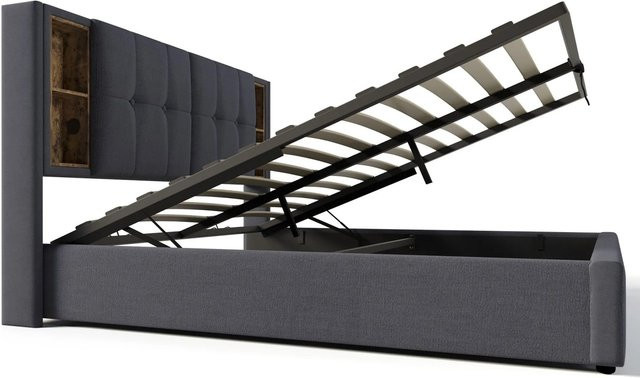 Merax Polsterbett mit USB-Ladeport und Stauraum, Grau, B/T/H: 140 x 200 x 145 cm - Bild 1