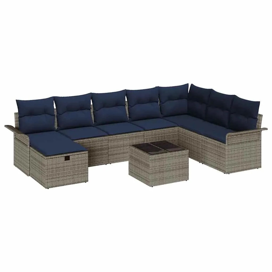vidaXL Gartensofa-Set aus Poly-Rattan mit 9 Kissen in Grau und Marineblau, L-Form mit Stauraum und Gartentisch - Bild 2