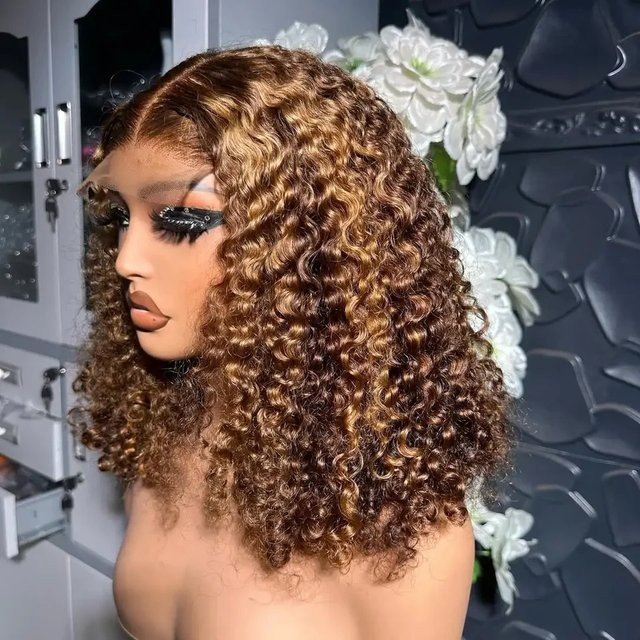 Doralia Bob Perücke, Deep Curly Highlight 4/27, 16 Zoll, 100 % Echthaar, HD Lace Frontal - Bild 1