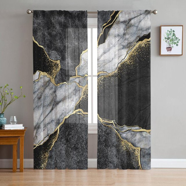 Abstrakte Marmor-Vorhänge aus Tüll und Organza in Schwarz-Weiß-Grau, Breite: 135 cm, Höhe: 115 cm - Bild 1