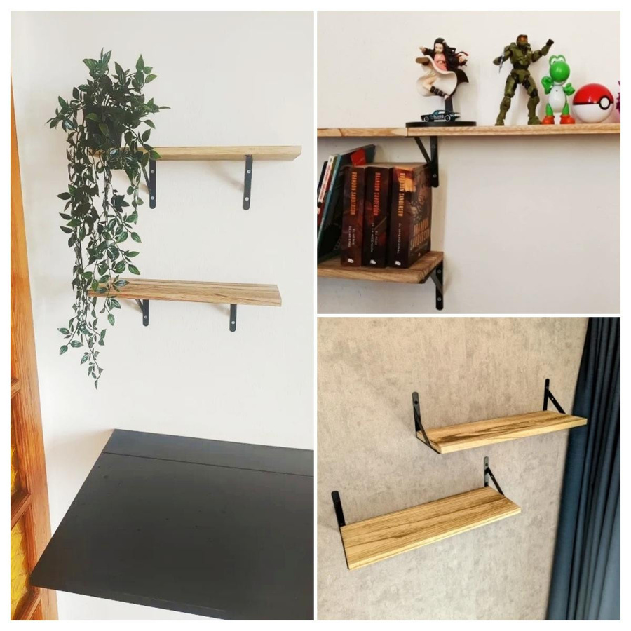 Wandhängendes Schwebendes Wandregal aus Massivholz in Braun mit Edelstahl-Elementen für Badezimmer und Küche - Bild 4