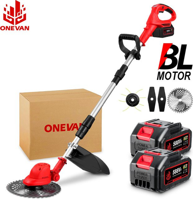 ONEVAN Bürstenloser 10-Zoll-Elektro-Rasenmäher in Rot, kabelloser Rasentrimmer mit 36000 U/min und Längenverstellung, kompatibel mit Makita LXT 18V Akku - Bild 1