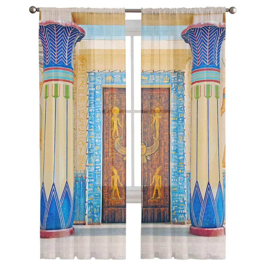 Tonnika Chen Tüllvorhang mit antikem ägyptischem Architekturmuster, transparent, lichtfilternd, Breite: 100 cm, Höhe: 130 cm, 2er-Set - Bild 2